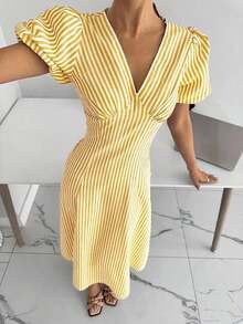 Vestido midi de mujer con mangas de pétalos a rayas - Amarillo - Ver 5