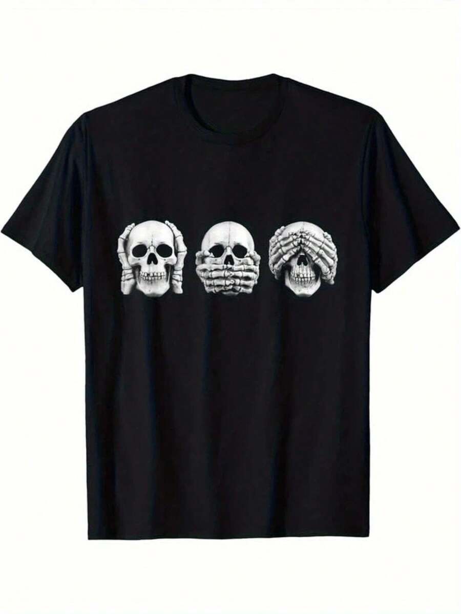 Camiseta de hombre con dise￱o de calavera inspirada en la cultura japonesa "No ver, no o￭r, no decir," estilo retro casual, manga corta y cuello redondo, corte regular, c￳moda para todas las estaciones.blusas para mujer playeras de mujer vestidos casuales para mujer y2k playeras deportivas para mujer verano camisetas ropa de mujer Fashion Perfect For Daily - Negro - Ver 1