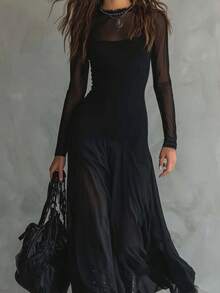 Vestido largo mujer primavera manga larga cintura ajustada elegante sensual estilo europeo moda trendy chic - Negro - Ver 12