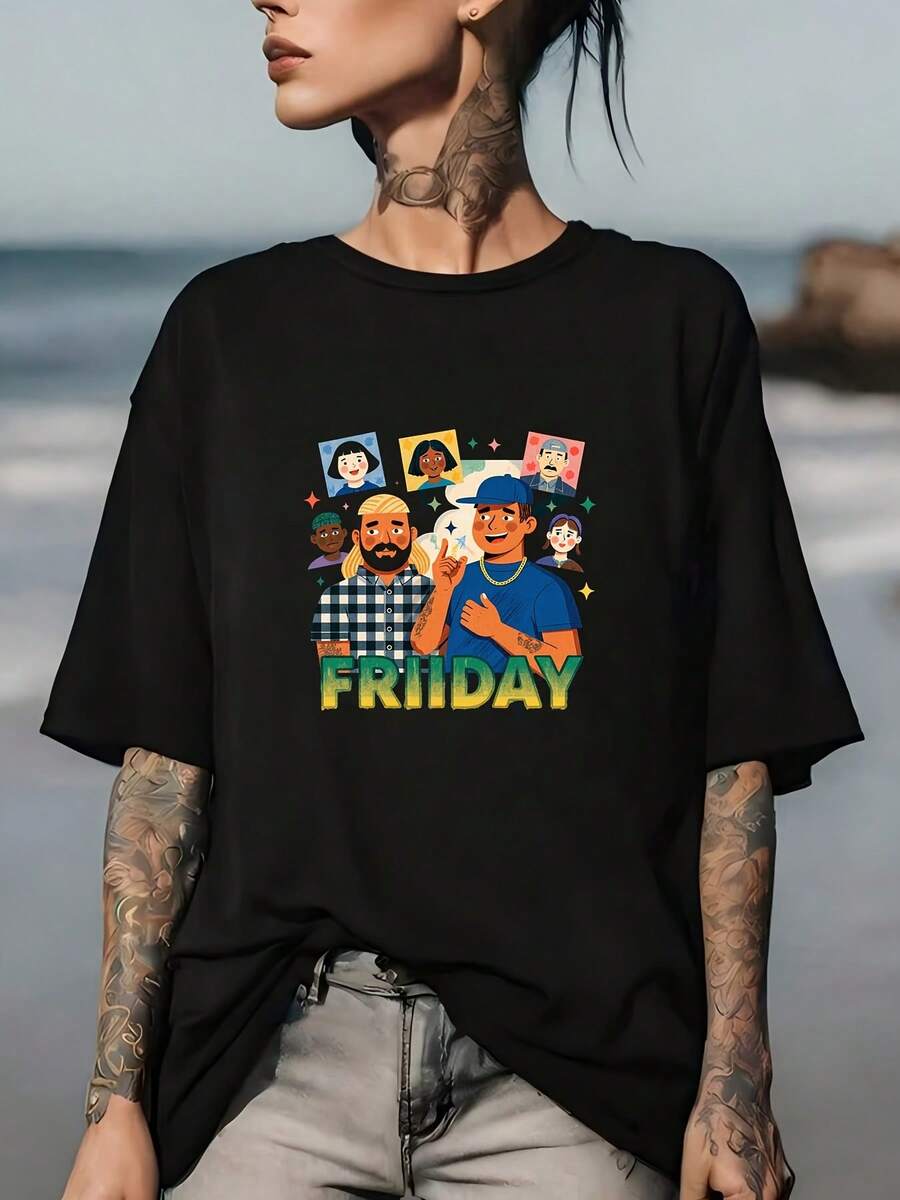Comfortable 180g Friday Fun Graphic T-Shirt For Family Gatherings And Corporate Team Building Activities - Perfect Labor Day Weekend Gift! - 黑色 - 查看 1