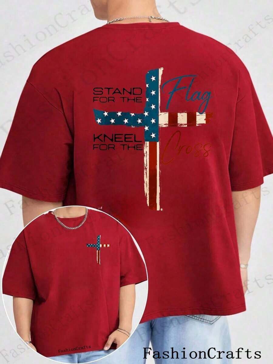 Patriotic Christian Faith T-Shirt, Defend The Flag, Kneel For The Cross, Religious T-Shirt, Cross Design, Men's T-Shirt Showing American Pride, Conservative Christian Cotton Clothing - 紅色 - 查看 1