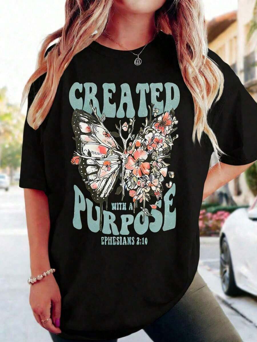Camisetas Cristianas para Mujer, Camiseta de Jesús, Fe, Versículo Bíblico, Camiseta Oversize con Gráficos de Mariposas Estilo Boho - Negro - Ver 1
