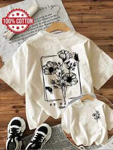 Camiseta de edición limitada con estampado gráfico, manga corta, cuello redondo, top casual para verano y primavera, ropa de mujer, algodón ligero. - Albaricoque - Ver 12