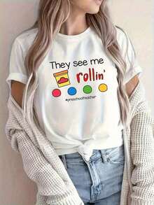 Camiseta Casual de Manga Corta para Vacaciones de Verano para MujerDivertidoPreescolarMaestroCamisa-"EllosVerYoRollin'JuguetónGráficoTeeConParque infantilDiseño-ElásticoInformalSuperiorParaGuarderíaCumpleañosRegaloParaMaestros-MáquinaLavableTodos los díasConjunto de ropaGuarderíaMaestroRegalos,JuguetónMaestroCamisaNo transparenteMaterial - Blanco - Ver 8