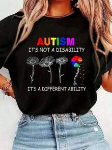 Nuevo productoNo es una discapacidad, es una habilidad diferente - Camiseta de conciencia sobre el autismo camiseta negra impreso, cuello redondo casual manga corta, camiseta cómoda para primavera y verano, ropa de mujer 2025, suelta y cómoda Camiseta fresca de verano, estilo unisex Camiseta fresca de verano, estilo unisex - Negro - Ver 7