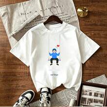 blue hoodie swing sad boyz print design for women's short sleeve t-shirt featuring emotional heart and black pants on a minimalist background with text "sad boyz" below the image for online shopping in Mexico - Blanco - Ver 1
