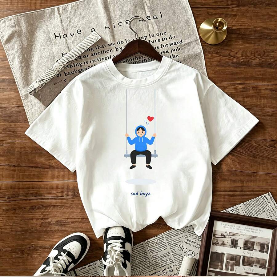 blue hoodie swing sad boyz print design for women's short sleeve t-shirt featuring emotional heart and black pants on a minimalist background with text "sad boyz" below the image for online shopping in Mexico - Blanco - Ver 1