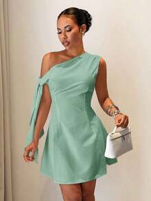 Vestido mini de mujer de línea A con un hombro, cintura con lazo y ajuste elegante, ideal para uso diario, vacaciones, viajes, citas, temporada de bodas, invitada de boda, playa, estilo occidental, nómada, casual, uso en el aeropuerto, brunch, re - verde menta - Ver 7