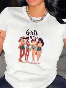 Camiseta de manga corta con estampado de amistad para mujer, estilo casual, cuello redondo, color negro. - Blanco - Ver 6