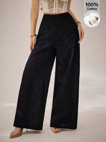 Pantalones anchos de cintura alta con textura, de moda casual y sencilla, para la temporada de vuelta al colegio, para ir y venir - Negro 3 - Ver 6