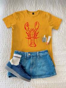 Camiseta de manga corta con estampado de leopardo y decoración de corazón para mujer - Amarillo - Ver 1