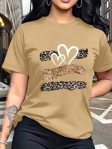 Glitter Heart Print T-Shirt With Leopard Print Design,  And Breathable, Suitable For Family Trips, School Activities, Casual Sports, Daily Commutes, Matching Sister Outfits, Versatile T-Shirt. 9XO7 - 卡其色 - 查看 2
