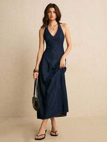 Vestido de mezclilla casual y sexy con espalda descubierta y cuello halter para mujer, de verano - Azul lavado oscuro - Ver 7
