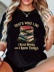 1 camiseta casual para mujer con estampado de amante de libros - Diseño con la frase "Todo lo que hago es leer y aprender", manga corta, cuello redondo, top de moda de verano, adecuada para todas las estaciones, camiseta con frase divertida, ajuste cómodo, regalo para amantes de los libros, 180g 100% algodón. - Negro - Ver 1