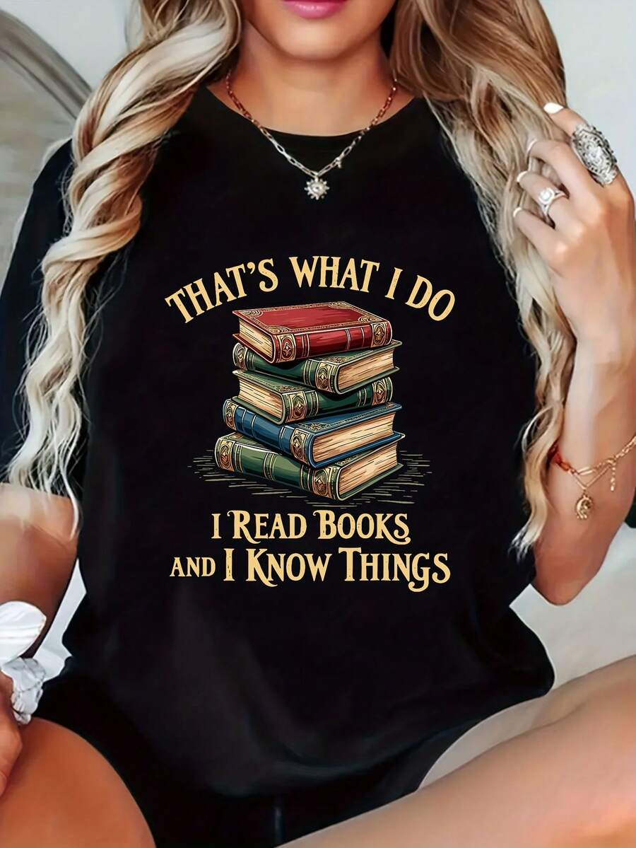 1 camiseta casual para mujer con estampado de amante de libros - Diseño con la frase "Todo lo que hago es leer y aprender", manga corta, cuello redondo, top de moda de verano, adecuada para todas las estaciones, camiseta con frase divertida, ajuste cómodo, regalo para amantes de los libros, 180g 100% algodón. - Negro - Ver 1