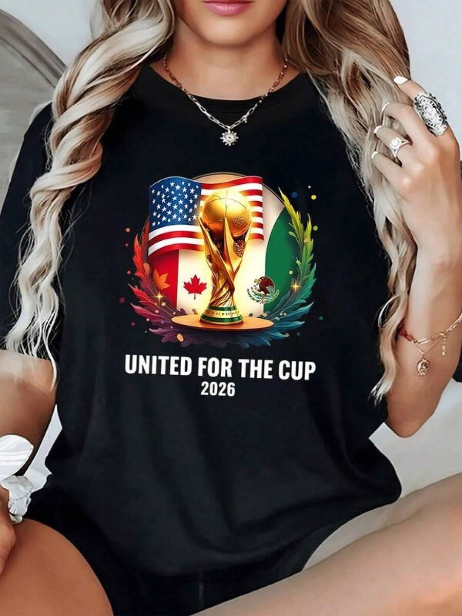 Golden Trophy Surrounded By The Flags Of The United States, Canada, And Mexico, Symbolizing Unity, Passion, And Sporting Celebration On The Road To The 2026 World Championship. Women's T-Shirt - 黑色 - 查看 1