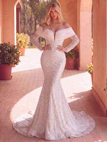 Elegantes Off-Shoulder langes Hochzeitskleid, verziert mit paillettenbesetzten langen Ärmeln, romantisches perlenbesticktes Abendkleid - Weiss - Übersicht 3