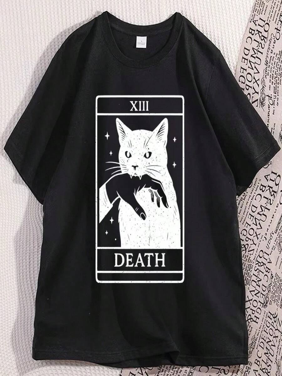 T-Shirt With Black Cat And Tarot Card Design, Retro T-Shirt With Death And Tarot Card Theme, Witch Cat T-Shirt, Scary Cat T-Shirt For Halloween, Casual Short Sleeve T-Shirt. - 黑色 - 查看 1