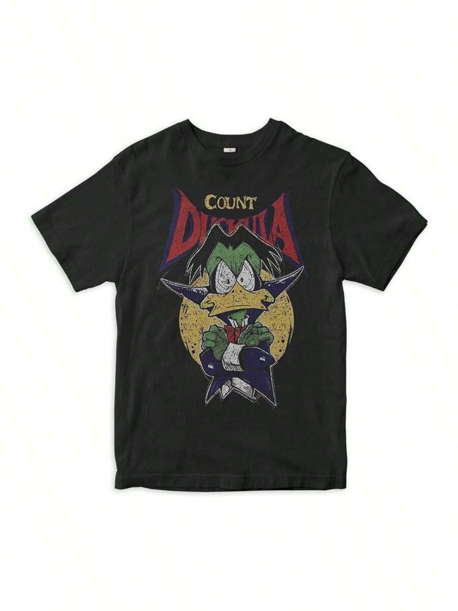 Black T-Shirt With A Count Duckula Cartoon Design, A Retro 90s Design, Yellow And Red Lettering With COUNT DUCKULA, A Rounded Yellow Background That Simulates The Moon, Short Sleeves - 黑色 - 查看 1