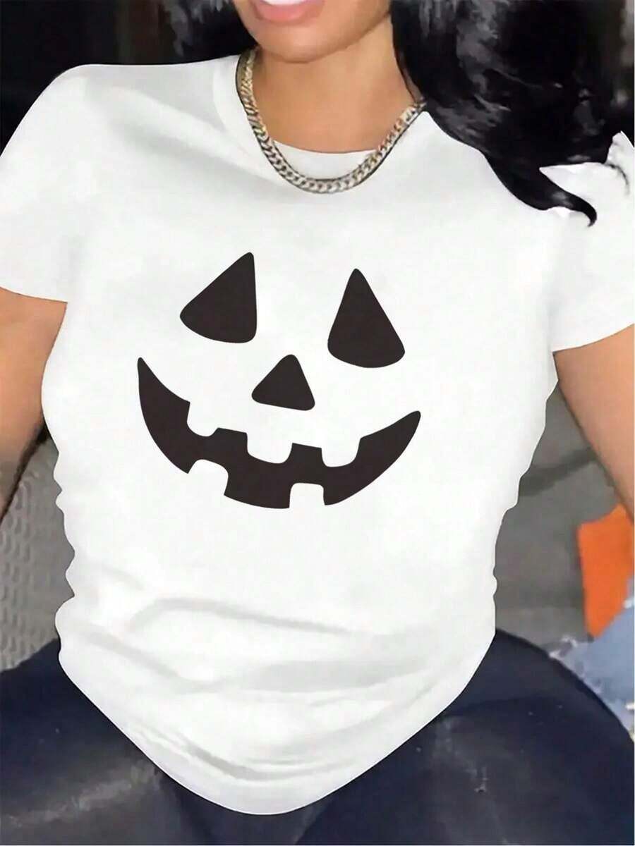 100% Cotton Short Sleeve T-Shirt With Pumpkin Design For Halloween Parties, Durable Polyester Fabric, Comfortable Fit, Ideal For Indoor/Outdoor Events, Festive Costume Top, Lightweight And Breathable Clothing - 白色 - 查看 1