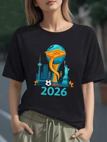 Globo con cinta dorada rodeando monumentos icónicos y balón simbolizando la unión mundial del fútbol camiseta para mujer 100% algodón suave y cómoda ideal para uso diario - Negro - Ver 6