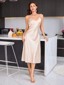 Vestido liso sin mangas para mujer, vestido largo elegante básico minimalista informal a la moda con cuello en V, ropa de mujer para primavera, verano y fiesta - Champán - Ver 1