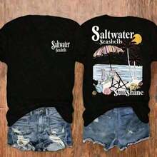 Conjuntos de Vacaciones para Mujer, Camiseta con Estampado de Conchas Marinas y Palmeras para la Playa, Camiseta Casual de Manga Corta para Mujer, Ropa de Mujer, Holgada y Cómoda, Ropa de Verano para Vacaciones de Mujer - Negro - Ver 1