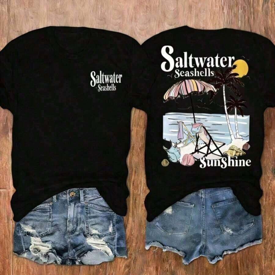 Conjuntos de Vacaciones para Mujer, Camiseta con Estampado de Conchas Marinas y Palmeras para la Playa, Camiseta Casual de Manga Corta para Mujer, Ropa de Mujer, Holgada y Cómoda, Ropa de Verano para Vacaciones de Mujer - Negro - Ver 1