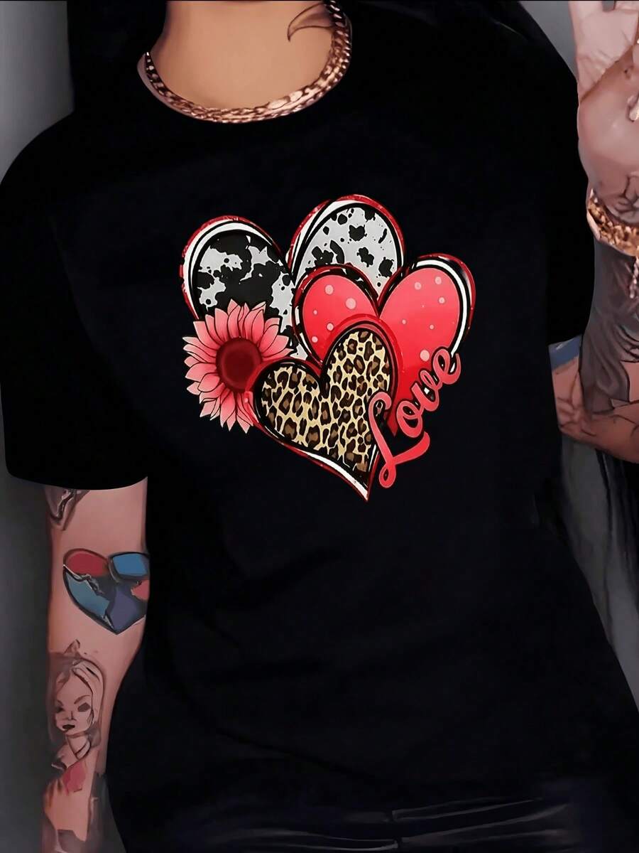 Intertwined Hearts With Animal Pattern And Pink Flower Symbolizing The Strength Of Love And Feminine Unity. Modern Casual Women's T-Shirt For Everyday Wear. - Black - View 1