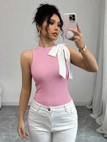 Camiseta sin mangas de mujer con contraste de color y lazo - Rosa - Ver 1