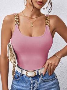 Camiseta Sin Mangas Para Mujer Con Tirantes De Cadena De Metal Y Espalda Descubierta - Rosa - Ver 4