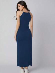 Vestido largo de mujer de unicolor con cuello halter sin mangas, cintura ceñida, ajuste delgado, color negro, adecuado para el transporte urbano, negocios, casual, elegante, ocasiones formales, estilo retro de los 90, diario, viaje, atuendo minima - Azul marino - Ver 2