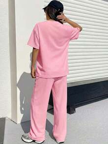 Conjunto informal de camiseta holgada y pantalones con textura mostaza para mujer - Rosa Pálido - Ver 2