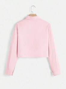 Camisa casual de manga larga con botones delanteros de unicolor para mujer - Rosa - Ver 2
