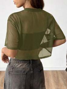 Top de malla negra de manga corta para mujer - Verde militar - Ver 2