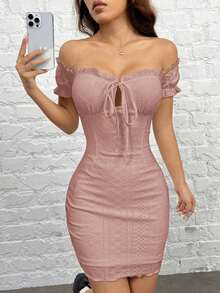 Vestido ajustado de punto con hombros descubiertos - Rosa vieja - Ver 6