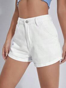 Shorts en mezclilla bajo de doblez - Blanco - Ver 3
