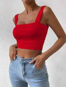 Top Cami Ajustado de Pliegues unicolor y Corto para el Verano - Rojo - Ver 3