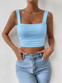 Top Cami Ajustado de Pliegues unicolor y Corto para el Verano - Celeste - Ver 3
