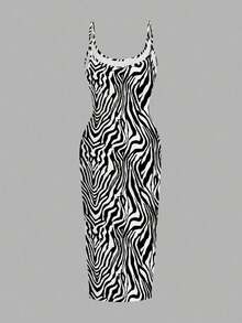 Vestido maxi ajustado de longitud completa sin mangas de estilo minimalista casual, con estampado de cebra, adecuado para el verano - Multicolor 4 - Ver 6