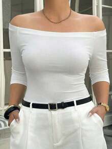 Curve Camiseta de verano elegante y ajustada de unicolor con hombros descubiertos para tallas grandes - Blanco - Ver 1