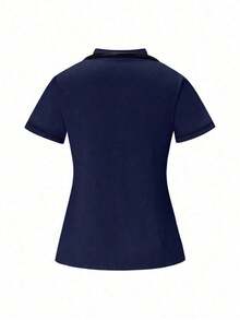 Conjunto de uniformes médicos: Parte superior de cuello en V de manga corta y pantalones para trabajadores de la salud - Azul marino - Ver 3