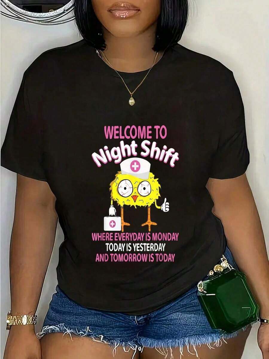 Women's BSN LPN CNA Short Sleeve Graphic Tees, Funny Chick Design Nurse Tee, Welcome To Night Shift Tee, Crew Neck Short Sleeve Tee, Vintage Graphic Tees For Women And Men. - 黑色 - 查看 1