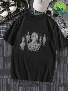 Unisex 180G Cotton T-Shirt With Black And White Abstract Figure Print, Summer 2025, Round Neck, Short Sleeve, Loose Fit, Comfortable, Fashionable, Breathable, Sweat-Absorbent, For Sports, Daily And Casual Wear - 黑色 - 查看 1