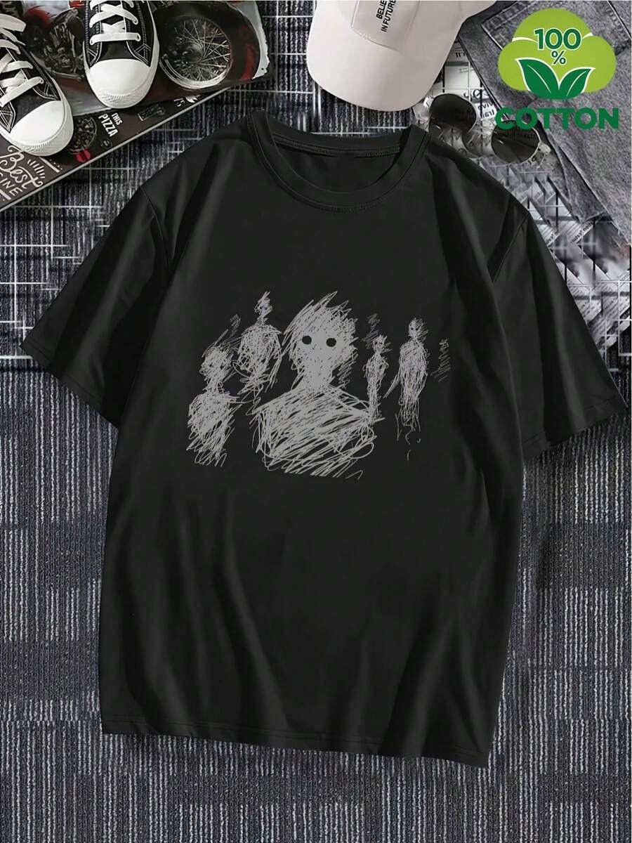 Unisex 180G Cotton T-Shirt With Black And White Abstract Figure Print, Summer 2025, Round Neck, Short Sleeve, Loose Fit, Comfortable, Fashionable, Breathable, Sweat-Absorbent, For Sports, Daily And Casual Wear - 黑色 - 查看 1