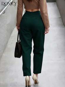 Pantalones rectos de cintura alta de unicolor para mujer, con pliegues, suaves y cómodos, versátiles y elegantes para uso casual urbano, adecuados para uso diario casual, citas, fiestas, San Valentín, carnaval y oficina - Verde Oscuro - Ver 2