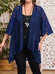 Chaqueta casual de apertura frontal con mangas 3/4 de jacquard para mujer de talla grande, para atuendos de vacaciones de otoño/invierno, atuendos de primavera, ropa de verano, vestidos de primavera, atuendos de primavera, ropa de primavera par - Azul marino - Ver 4
