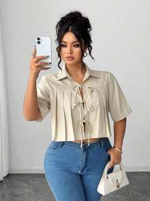 Blusa elegante corta con pliegues y lazo delantero para mujer - Camel - Ver 4