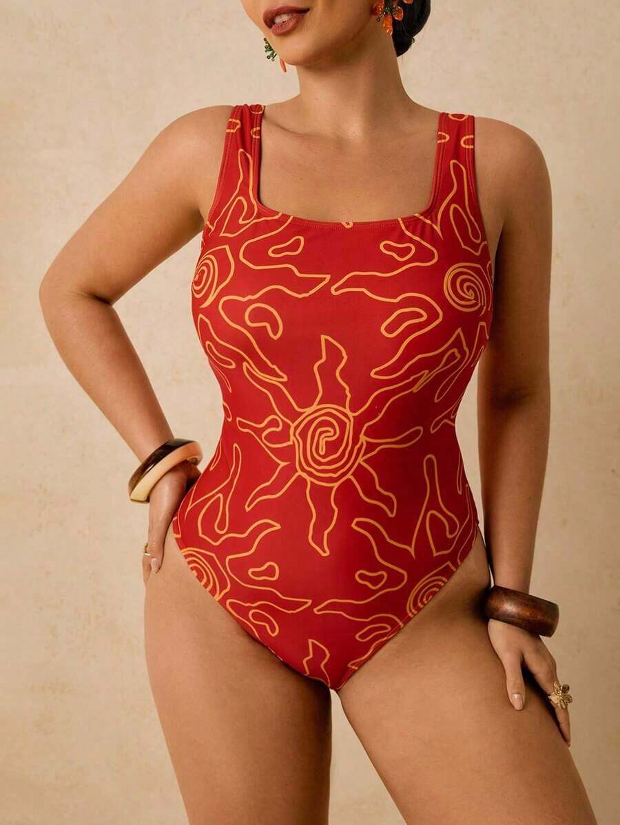 Traje de baño de una pieza con estampado de limón para mujer de talla grande, romántico para la playa y el spa a principios de primavera - Rojo - Ver 1