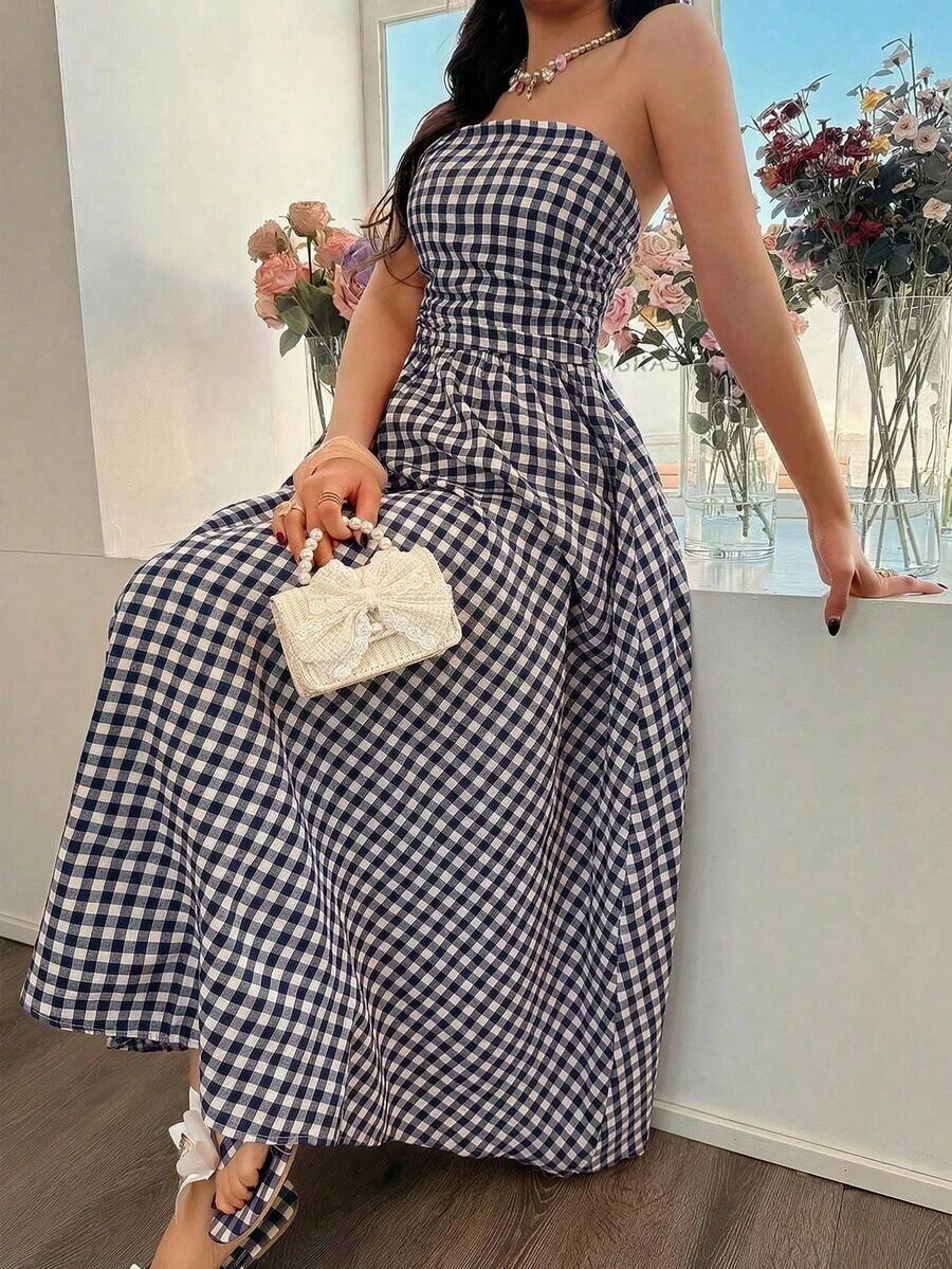YHHVestido largo de mujer con escote halter a cuadros EARO, ropa de resort casual y estilizadora para el veranoYHH - Azul - Ver 1